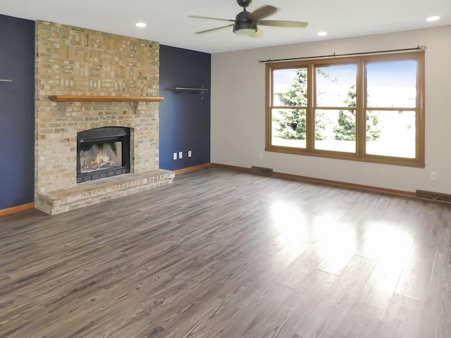 1637 Old Field Ct, Rockton, IL 61072 - unfurnished living room with ceiling fan, wood finished floors, a brick fireplace, and recessed lighting