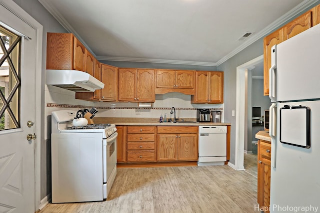 12112 W Bonnie Brook Ln, Beach Park, IL 60087 - kitchen with white appliances, under cabinet range hood, light wood-style floors, ornamental molding, and light countertops