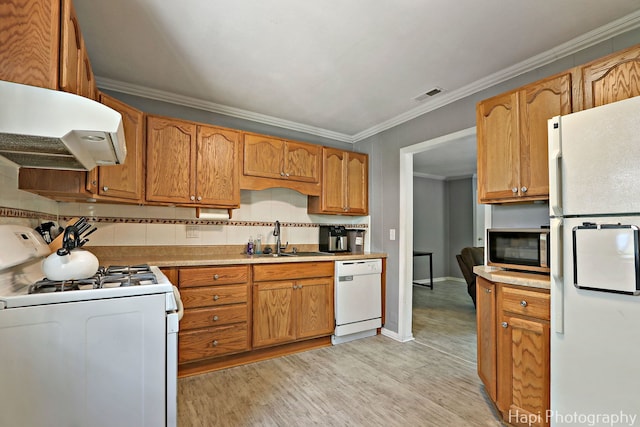 12112 W Bonnie Brook Ln, Beach Park, IL 60087 - kitchen with white appliances, under cabinet range hood, light wood-type flooring, ornamental molding, and light countertops