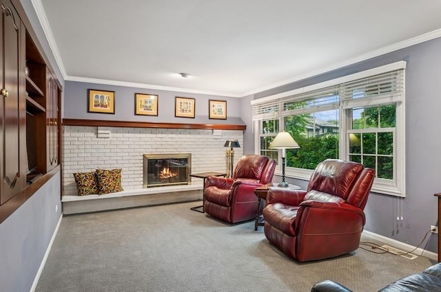 2810 Beckwith Ct, Northbrook, IL 60062 - living area featuring ornamental molding, a brick fireplace, and carpet
