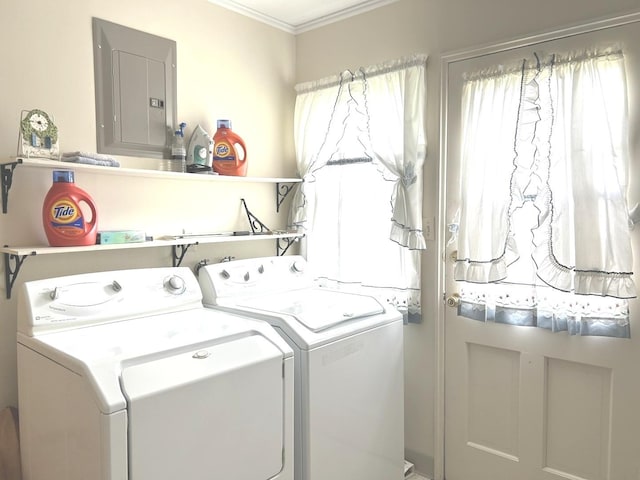 1415 Lakewood Dr, Mendota, IL 61342 - washroom with washer and dryer, electric panel, and ornamental molding