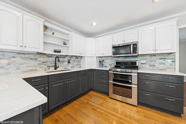 220 E Elm St, Wheaton, IL 60189 - kitchen with stainless steel appliances, white cabinetry, gray cabinetry, light wood finished floors, and backsplash