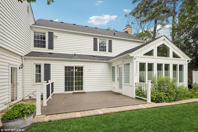 220 E Elm St, Wheaton, IL 60189 - rear view of property featuring a chimney, a deck, and a shingled roof