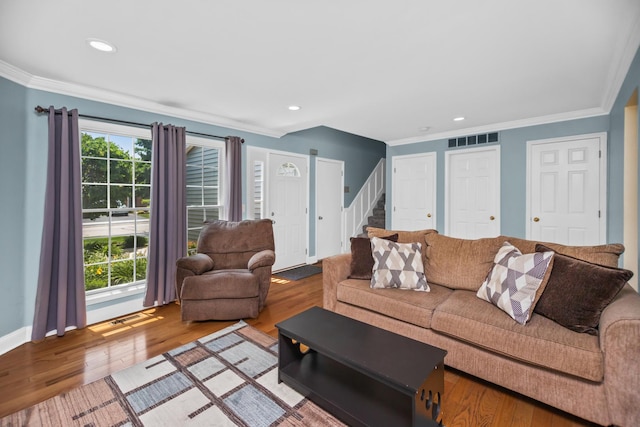 257 Eclipse Dr Unit 257, Carol Stream, IL 60188 - living area with ornamental molding, wood finished floors, stairway, and recessed lighting