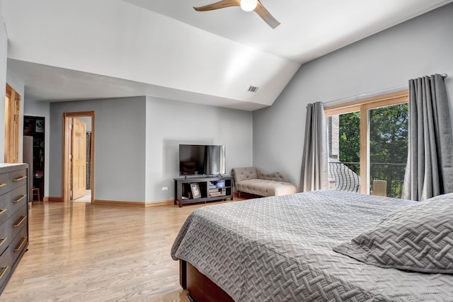 1383 Gordon Ln, Lemont, IL 60439 - bedroom with vaulted ceiling, light wood-type flooring, ceiling fan, and access to outside