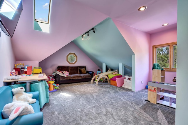 1383 Gordon Ln, Lemont, IL 60439 - rec room with carpet flooring, recessed lighting, vaulted ceiling, and rail lighting