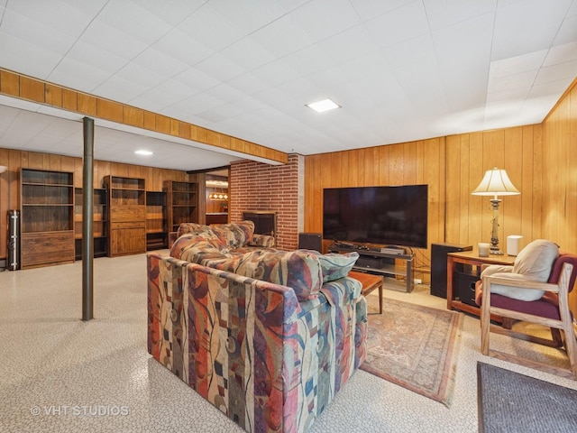 3004 Blarneystone Ln, Cary, IL 60013 - carpeted living room with wooden walls and a fireplace