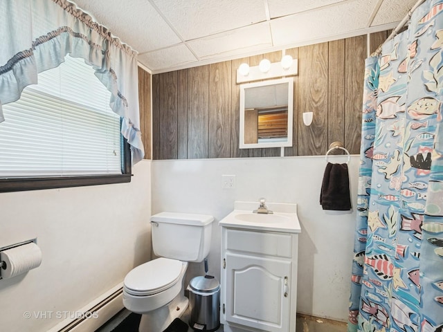 3004 Blarneystone Ln, Cary, IL 60013 - bathroom with baseboard heating, vanity, a drop ceiling, and a shower with shower curtain