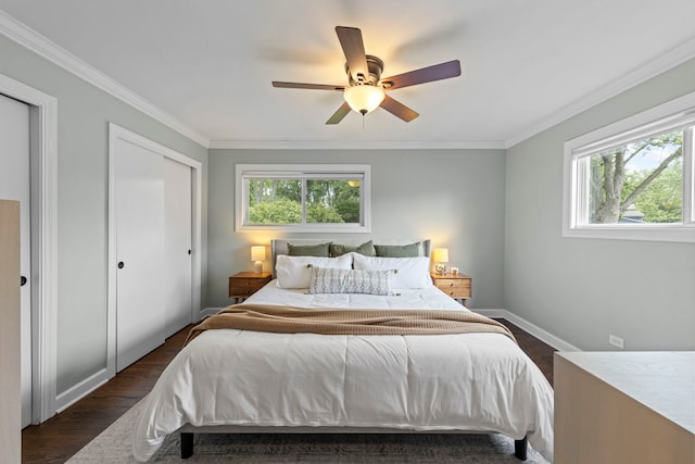 26W079 Thomas Rd, Wheaton, IL 60187 - bedroom featuring multiple windows, crown molding, dark wood-style floors, and ceiling fan
