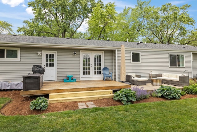 26W079 Thomas Rd, Wheaton, IL 60187 - back of property with french doors, an outdoor living space, a wooden deck, a lawn, and a shingled roof