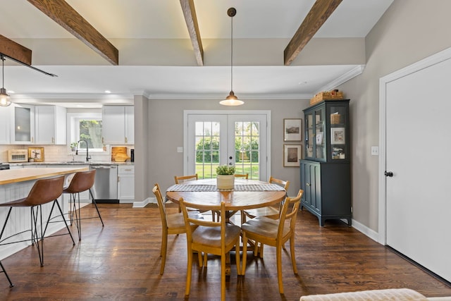 26W079 Thomas Rd, Wheaton, IL 60187 - dining space with french doors, beam ceiling, dark wood finished floors, crown molding, and recessed lighting