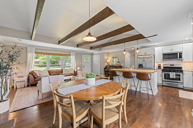 26W079 Thomas Rd, Wheaton, IL 60187 - dining area with beamed ceiling, dark wood-style floors, and recessed lighting