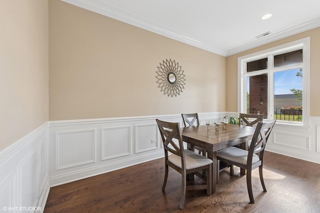 3252 N California Ave Unit 2, Chicago, IL 60618 - dining area with crown molding, dark wood-style floors, a wainscoted wall, a decorative wall, and recessed lighting