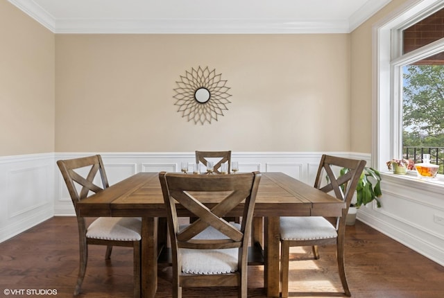 3252 N California Ave Unit 2, Chicago, IL 60618 - dining space with healthy amount of natural light, dark wood-style floors, crown molding, wainscoting, and a decorative wall