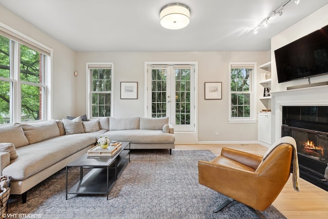 1048 W Lill Ave Unit 2, Chicago, IL 60614 - living area with wood finished floors, a glass covered fireplace, and rail lighting