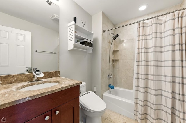 2736 N Wolcott Ave Unit 101, Chicago, IL 60614 - bathroom with shower / bathtub combination with curtain, vanity, tile patterned floors, and recessed lighting