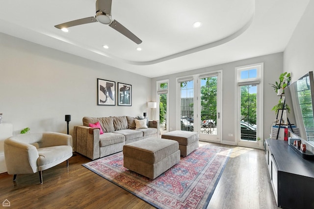 2736 N Wolcott Ave Unit 101, Chicago, IL 60614 - living area with wood finished floors, a tray ceiling, a ceiling fan, and recessed lighting