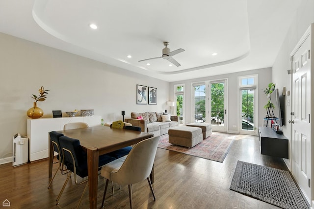 2736 N Wolcott Ave Unit 101, Chicago, IL 60614 - dining room featuring a raised ceiling, a ceiling fan, recessed lighting, and wood finished floors