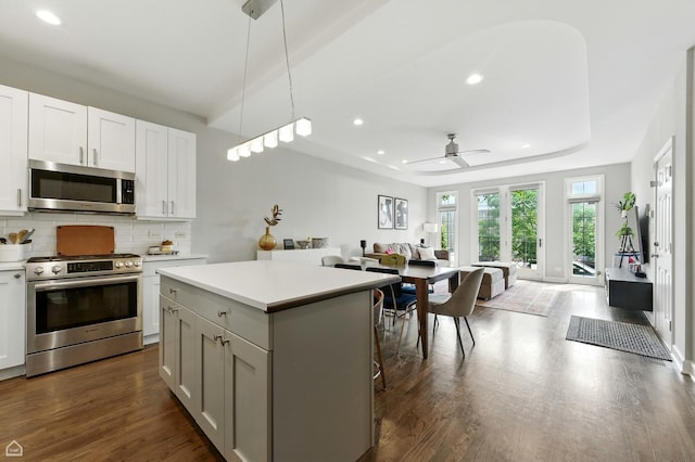 2736 N Wolcott Ave Unit 101, Chicago, IL 60614 - kitchen featuring stainless steel appliances, open floor plan, dark wood finished floors, decorative backsplash, and recessed lighting