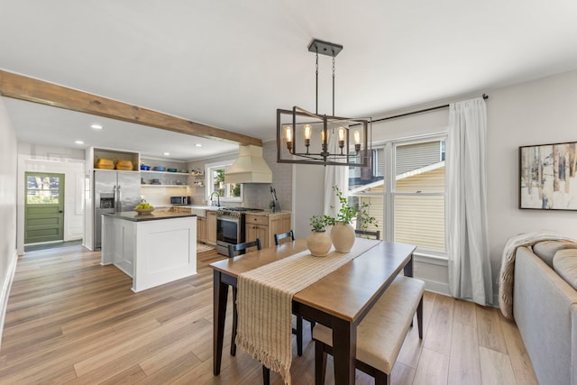 523 Kipling Ct, Wheaton, IL 60187 - dining space with a chandelier, light wood-style flooring, recessed lighting, and beamed ceiling
