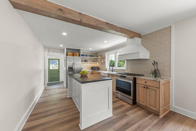 523 Kipling Ct, Wheaton, IL 60187 - kitchen featuring appliances with stainless steel finishes, open shelves, premium range hood, decorative backsplash, and wood finished floors