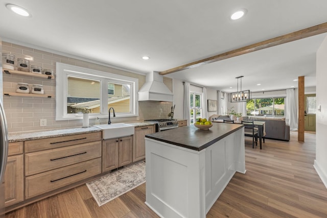 523 Kipling Ct, Wheaton, IL 60187 - kitchen with premium range hood, gas range, open floor plan, tasteful backsplash, and light wood finished floors