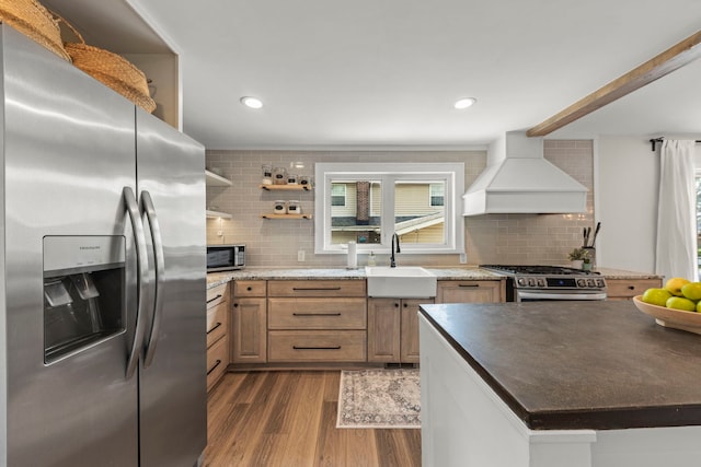 523 Kipling Ct, Wheaton, IL 60187 - kitchen with appliances with stainless steel finishes, premium range hood, dark wood finished floors, backsplash, and recessed lighting