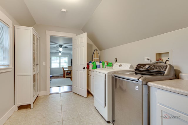 20760 N Florence Ave, Lincolnshire, IL 60069 - laundry area featuring cabinet space, washer and dryer, baseboard heating, light tile patterned flooring, and a ceiling fan