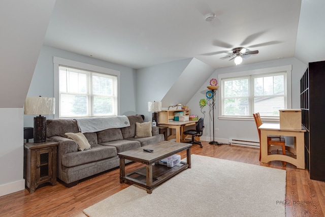20760 N Florence Ave, Lincolnshire, IL 60069 - living area featuring baseboard heating, a ceiling fan, light wood-type flooring, lofted ceiling, and a desk