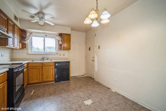 9423 Bay Colony Dr Unit 3N, Des Plaines, IL 60016 - kitchen with black appliances, brown cabinetry, tasteful backsplash, ceiling fan, and a chandelier
