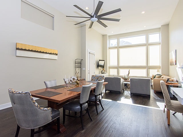 2036 W Huron St, Chicago, IL 60612 - dining room with a high ceiling, a ceiling fan, dark wood-style flooring, and recessed lighting