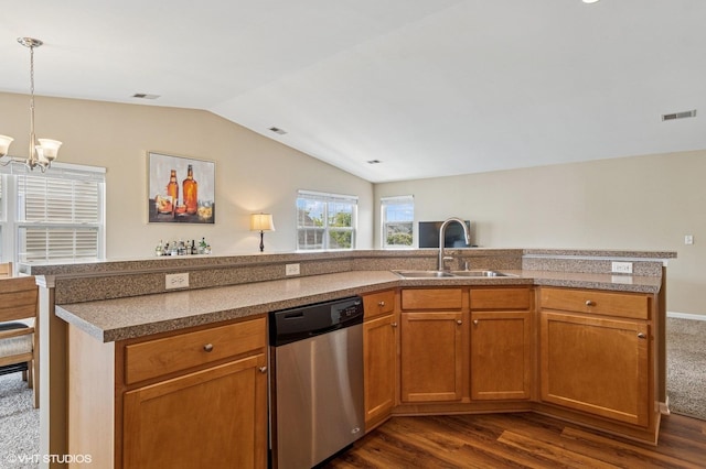 5113 Williston Ct Unit 0, Plainfield, IL 60586 - kitchen with stainless steel dishwasher, lofted ceiling, a chandelier, dark wood-style flooring, and brown cabinetry