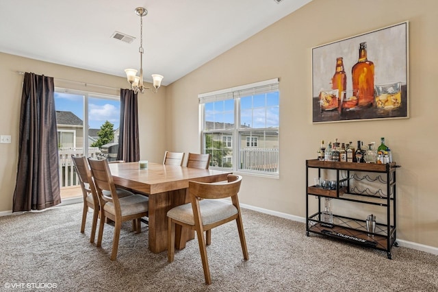 5113 Williston Ct Unit 0, Plainfield, IL 60586 - dining area with carpet floors, a chandelier, lofted ceiling, and healthy amount of natural light