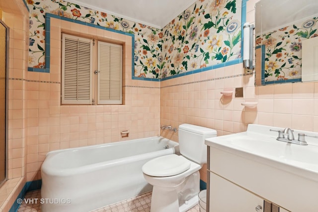 822 Clinton Pl, Evanston, IL 60201 - full bathroom featuring tile walls, wallpapered walls, crown molding, a bath, and vanity