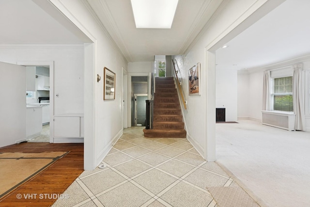 822 Clinton Pl, Evanston, IL 60201 - entrance foyer with crown molding, stairway, plenty of natural light, and carpet flooring