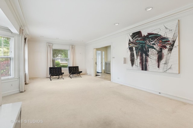 822 Clinton Pl, Evanston, IL 60201 - living area with ornamental molding, carpet floors, healthy amount of natural light, and recessed lighting