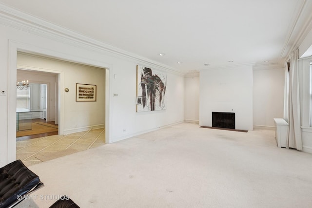 822 Clinton Pl, Evanston, IL 60201 - unfurnished living room featuring a chandelier, a fireplace with flush hearth, crown molding, and carpet floors