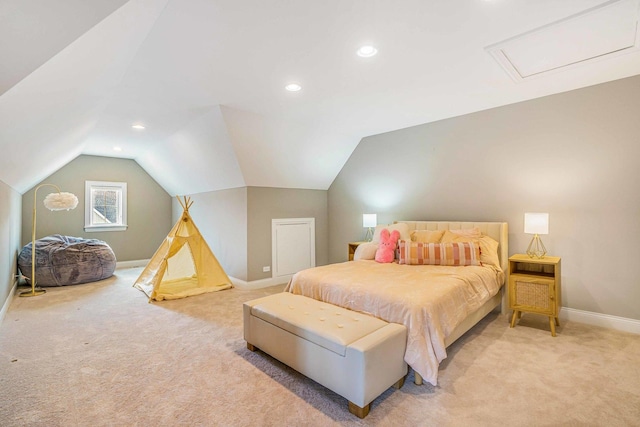 17035 Clover Dr, Orland Park, IL 60467 - bedroom featuring light colored carpet, vaulted ceiling, and recessed lighting