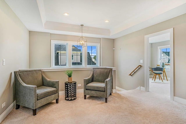17035 Clover Dr, Orland Park, IL 60467 - sitting room with a tray ceiling, carpet, a chandelier, and recessed lighting