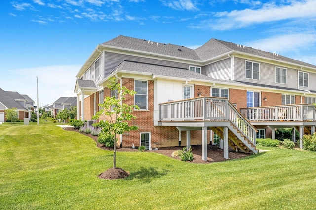 17035 Clover Dr, Orland Park, IL 60467 - back of property featuring a wooden deck, brick siding, stairs, and a lawn