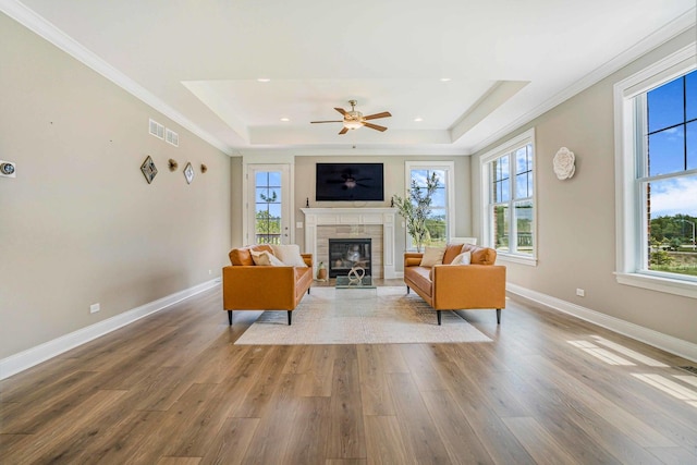 17035 Clover Dr, Orland Park, IL 60467 - living room featuring a tray ceiling, a glass covered fireplace, plenty of natural light, ornamental molding, and recessed lighting