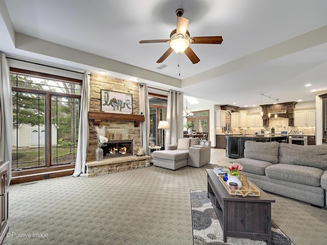 22 Yorkshire Woods, Oak Brook, IL 60523 - living area with a ceiling fan, light colored carpet, a fireplace, and recessed lighting