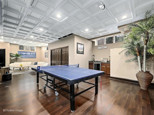 22 Yorkshire Woods, Oak Brook, IL 60523 - playroom featuring dark wood-style flooring, recessed lighting, and wine cooler