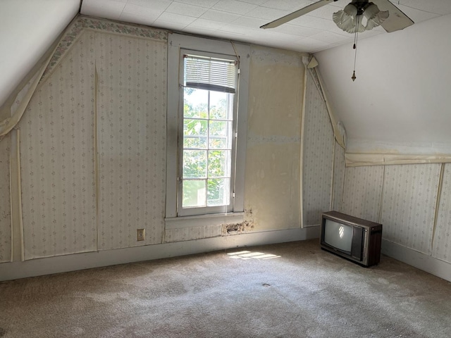 114 E Brown St, West Chicago, IL 60185 - additional living space featuring carpet floors, ceiling fan, lofted ceiling, and wallpapered walls
