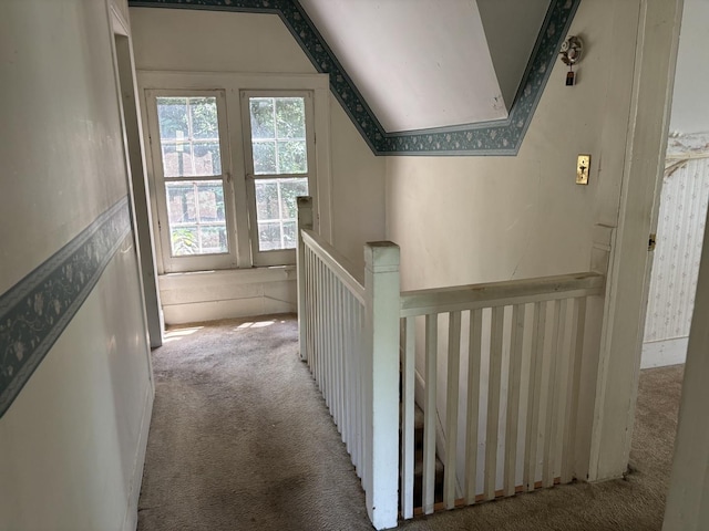 114 E Brown St, West Chicago, IL 60185 - hall with carpet flooring, an upstairs landing, and lofted ceiling