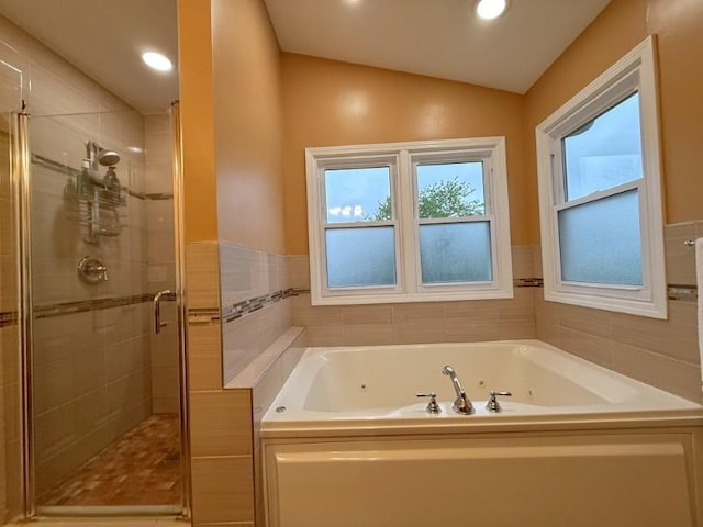 1860 Dorchester Ave, Algonquin, IL 60102 - bathroom with a shower stall, a tub with jets, vaulted ceiling, and recessed lighting