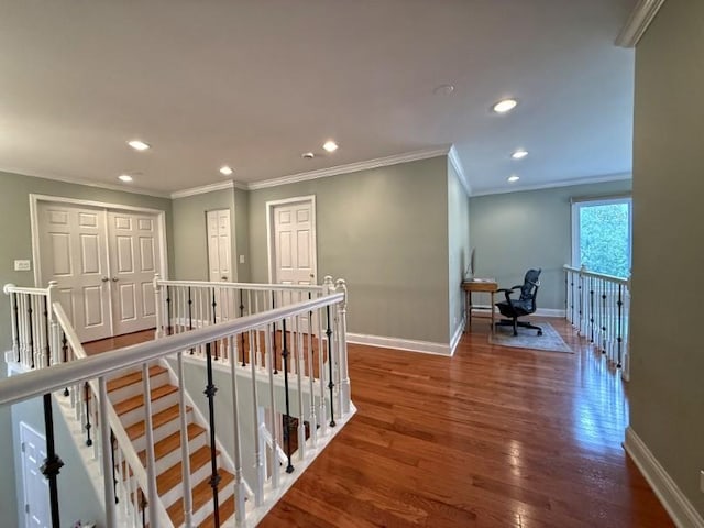 1860 Dorchester Ave, Algonquin, IL 60102 - hall with an upstairs landing, wood finished floors, recessed lighting, and ornamental molding