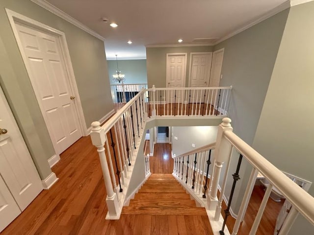 1860 Dorchester Ave, Algonquin, IL 60102 - staircase with wood finished floors, a chandelier, recessed lighting, and ornamental molding