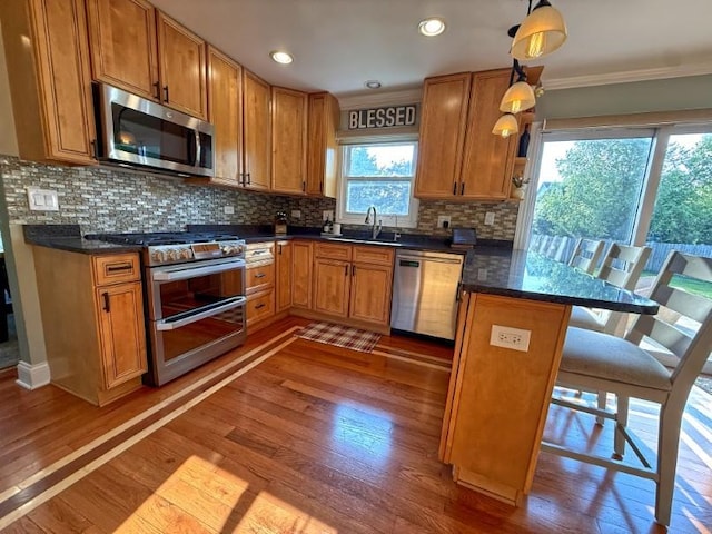 1860 Dorchester Ave, Algonquin, IL 60102 - kitchen with appliances with stainless steel finishes, a peninsula, a kitchen breakfast bar, wood finished floors, and crown molding
