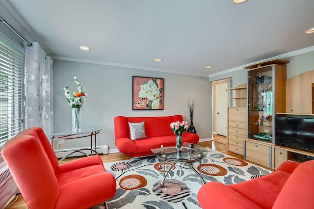 8712 W Berwyn Ave Unit 3W, Chicago, IL 60656 - living area with baseboard heating, wood finished floors, recessed lighting, and crown molding
